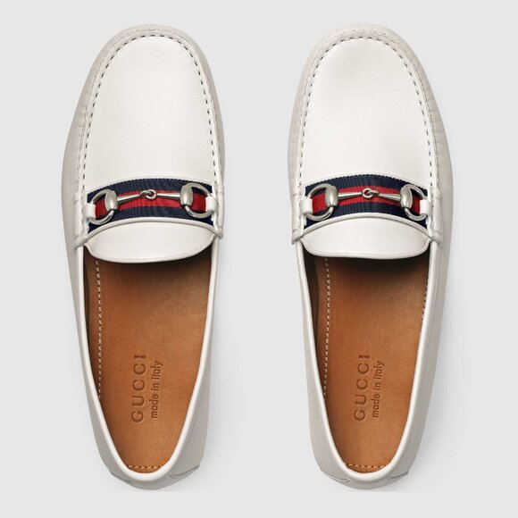 GUCCI SHOES MENS DRIVER MOCCASINS HORSEBIT WEB WHITE LEATHER sz 8.5G 9 - Picture 2 of 16